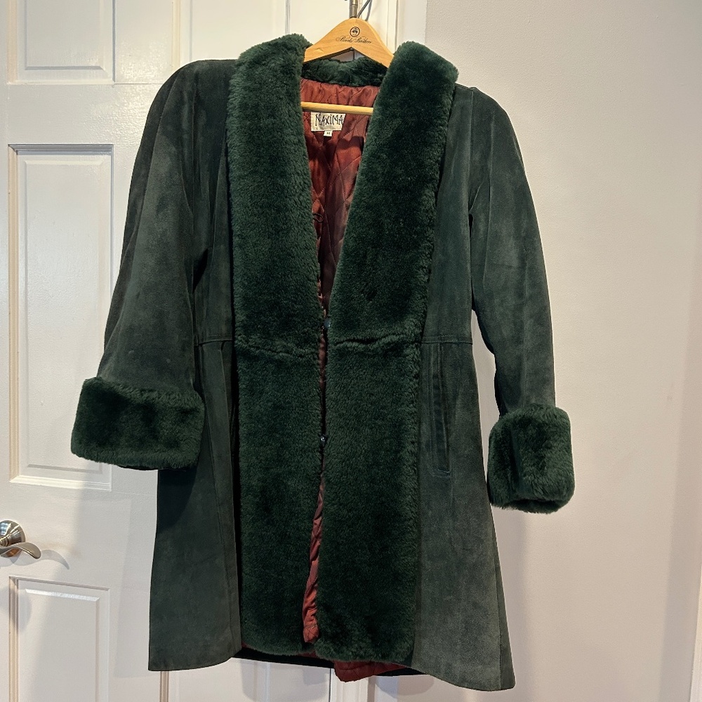 Vintage Henri Bendel Dark Green Suede Coat with faux fur